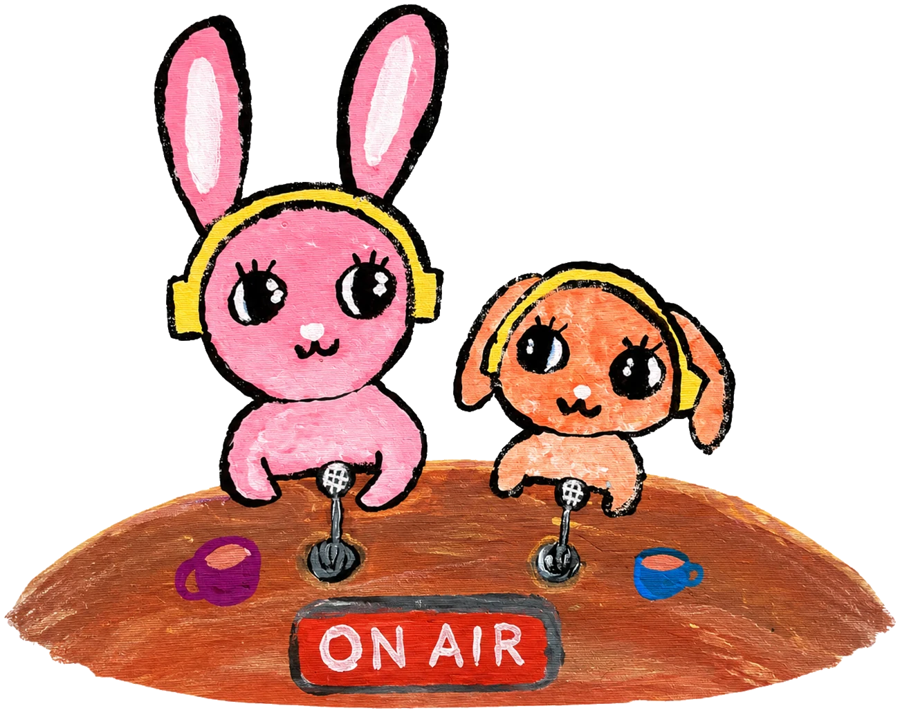 FM桐生のラジオ番組「ピョンヒーのみんなどうしてる?」のメインビジュアル。ヘッドフォンをつけたうさぎと犬のキャラクターがラジオ番組を届けているイラスト。